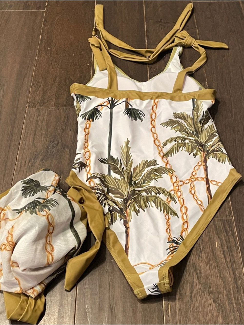 palm & chain print two-piece swimsuit set V-neck top matching skirt S NEW no tag - Picture 5 of 5